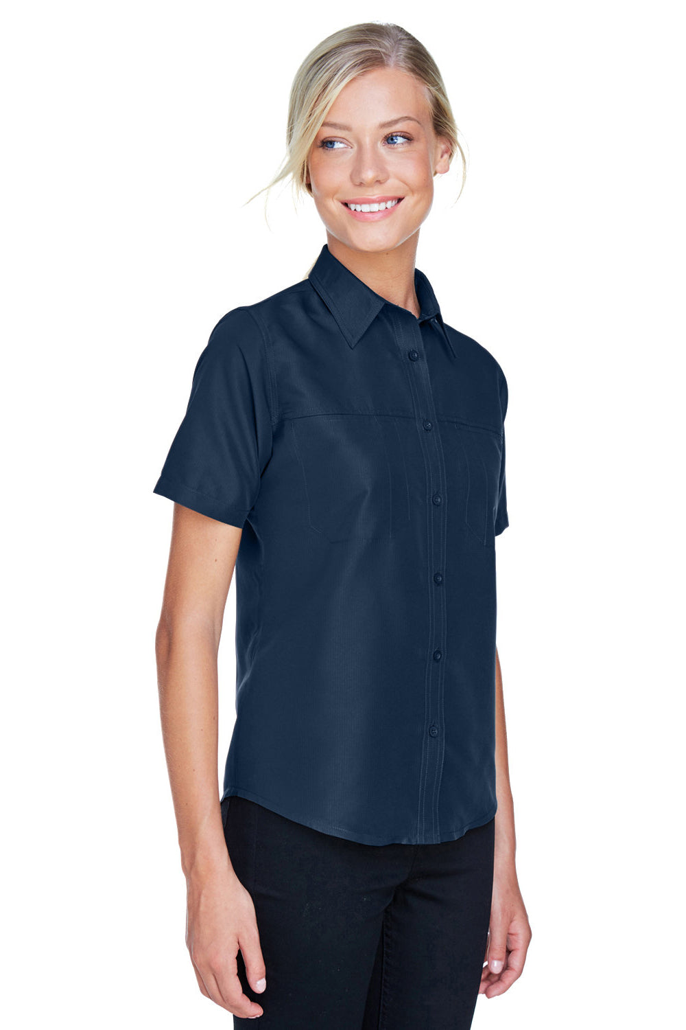 Harriton M580W Womens Key West Performance Short Sleeve Button Down Shirt w/ Double Pockets Navy Blue Model 3q