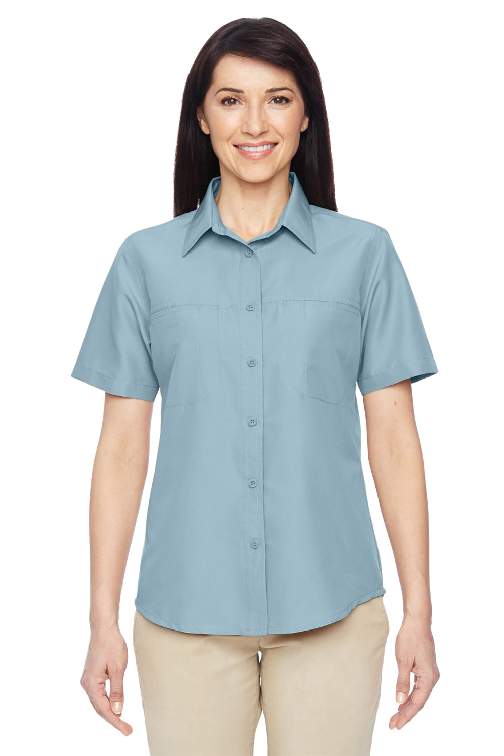 Harriton M580W Womens Key West Performance Short Sleeve Button Down Shirt w/ Double Pockets Cloud Blue Model Front