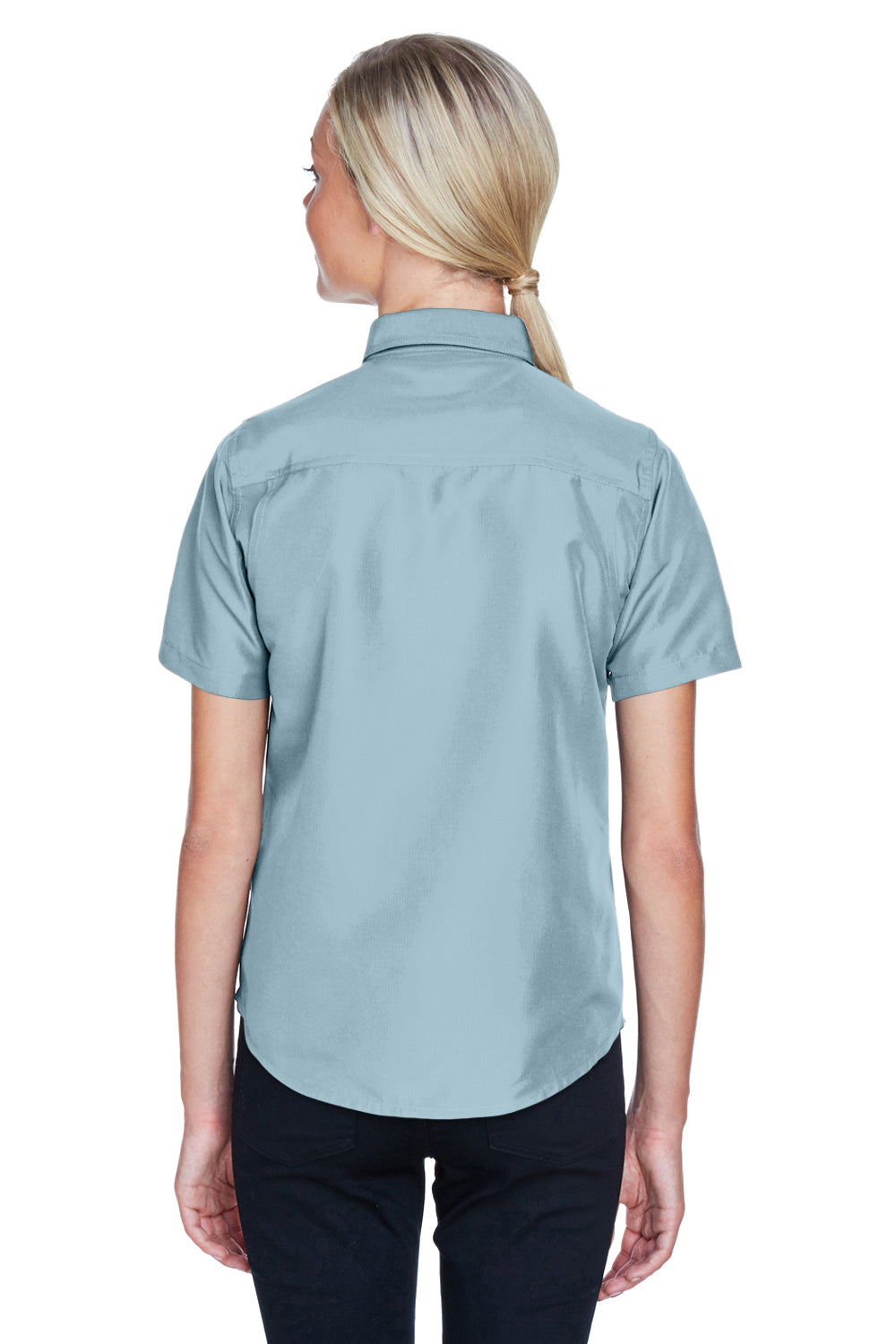 Harriton M580W Womens Key West Performance Short Sleeve Button Down Shirt w/ Double Pockets Cloud Blue Model Back