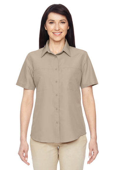 Harriton M580W Womens Key West Performance Short Sleeve Button Down Shirt w/ Double Pockets Khaki Model Front