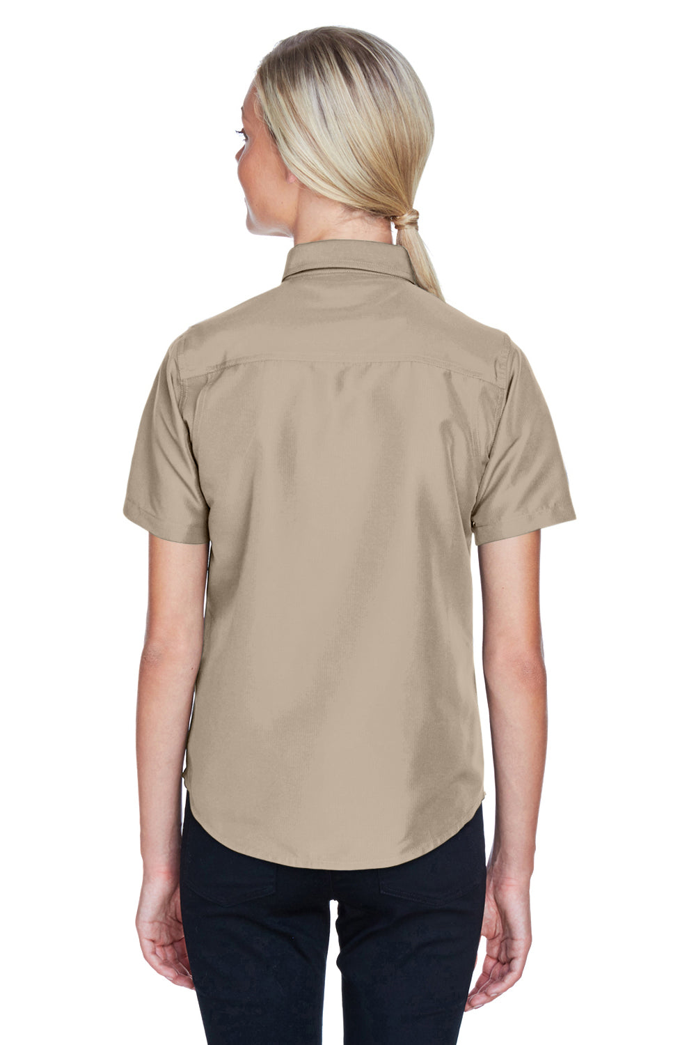 Harriton M580W Womens Key West Performance Short Sleeve Button Down Shirt w/ Double Pockets Khaki Model Back