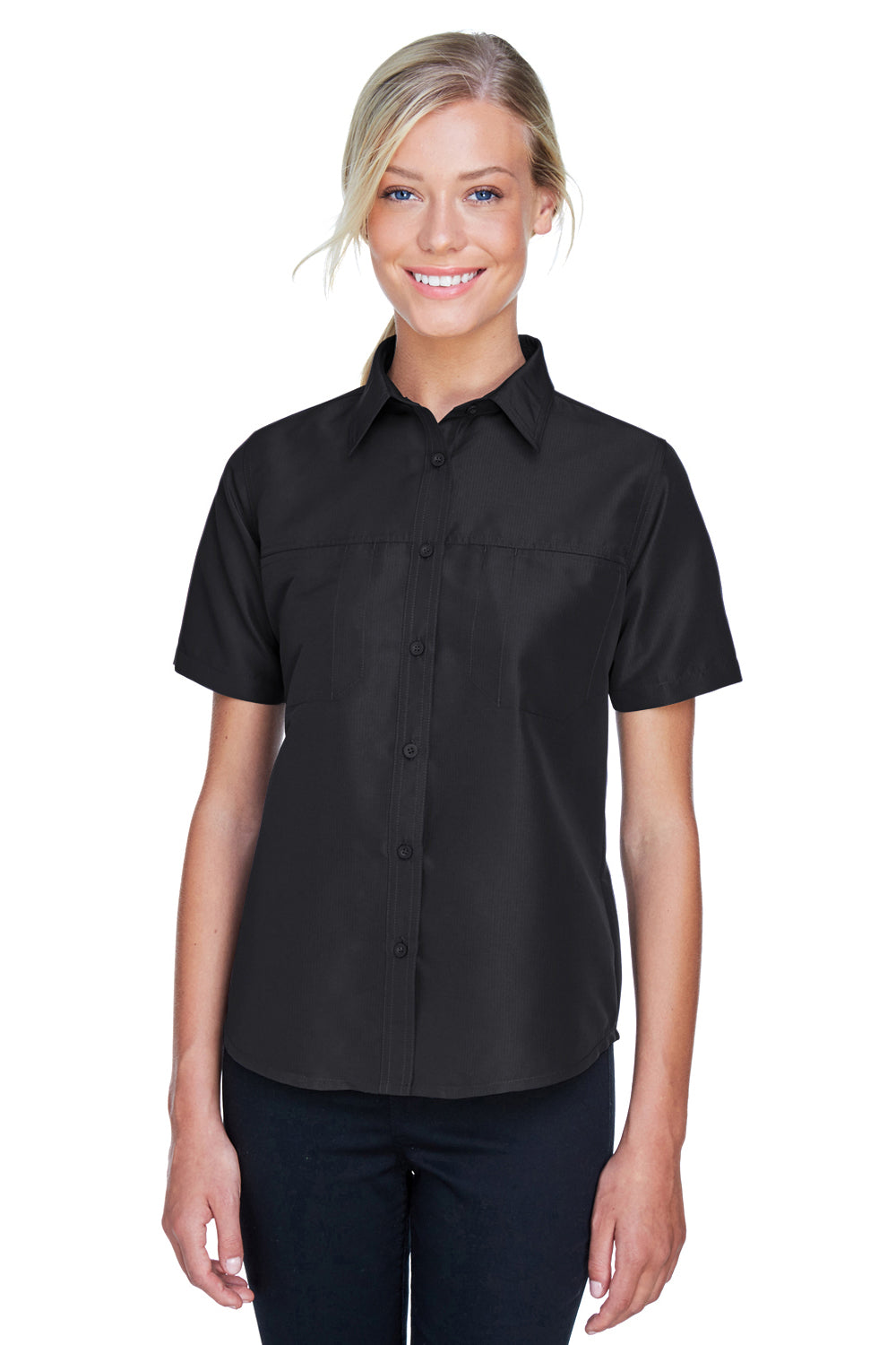 Harriton M580W Womens Key West Performance Short Sleeve Button Down Shirt w/ Double Pockets Black Model Front