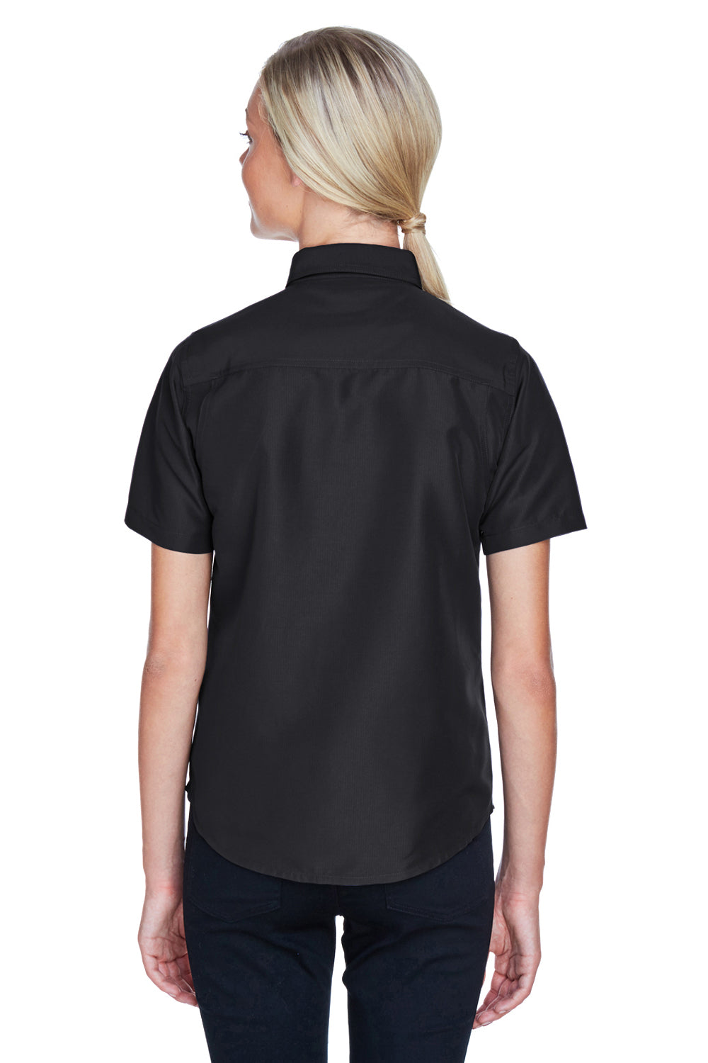 Harriton M580W Womens Key West Performance Short Sleeve Button Down Shirt w/ Double Pockets Black Model Back