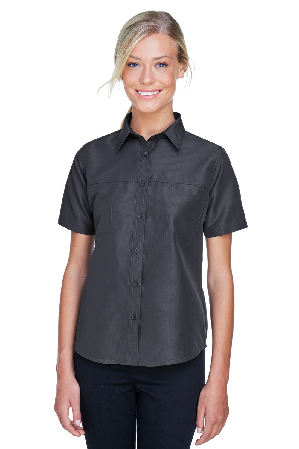 Harriton M580W Womens Key West Performance Short Sleeve Button Down Shirt w/ Double Pockets Dark Charcoal Grey Model Front