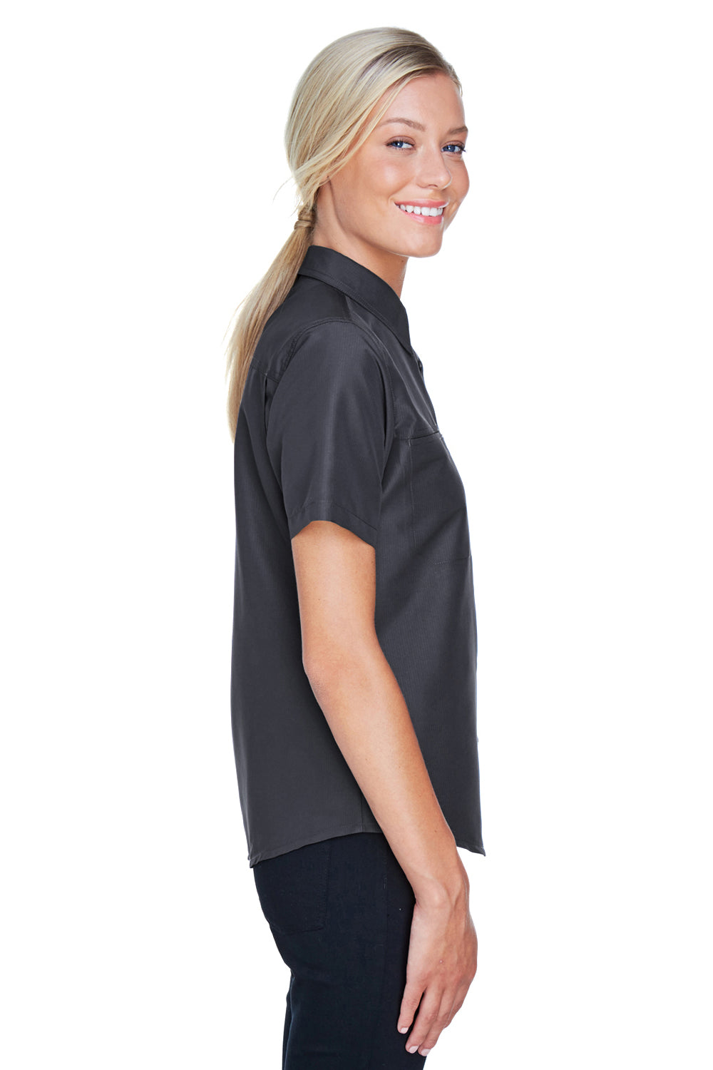 Harriton M580W Womens Key West Performance Short Sleeve Button Down Shirt w/ Double Pockets Dark Charcoal Grey Model Side