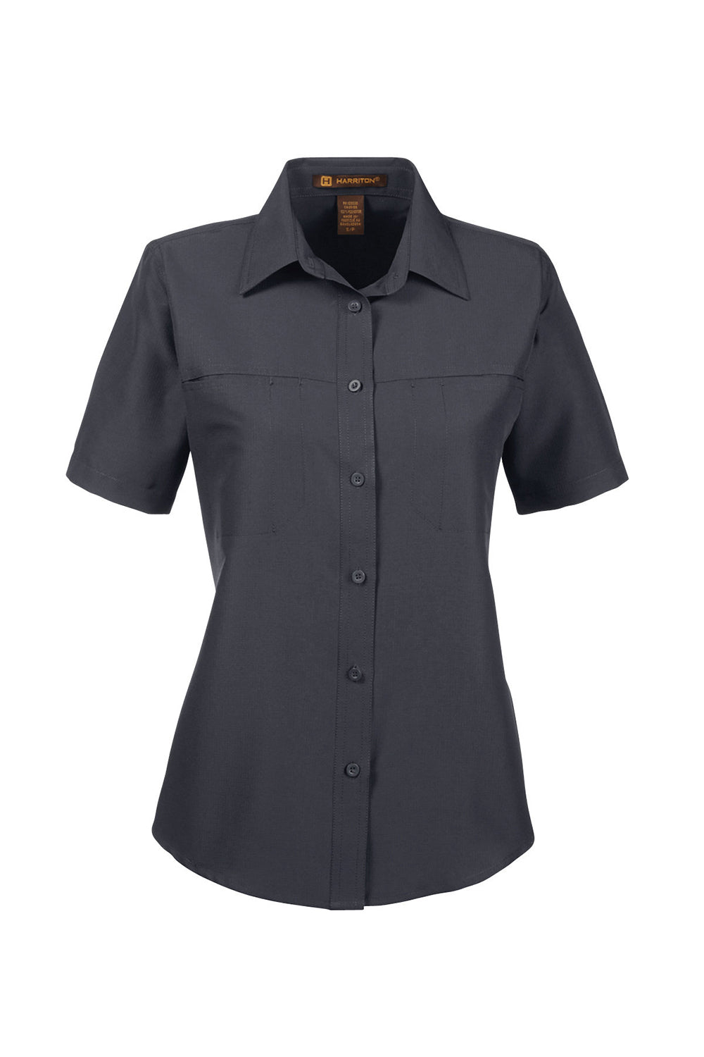 Harriton M580W Womens Key West Performance Short Sleeve Button Down Shirt w/ Double Pockets Dark Charcoal Grey Flat Front