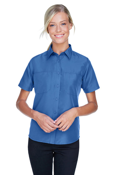 Harriton M580W Womens Key West Performance Short Sleeve Button Down Shirt w/ Double Pockets Pool Blue Model Front