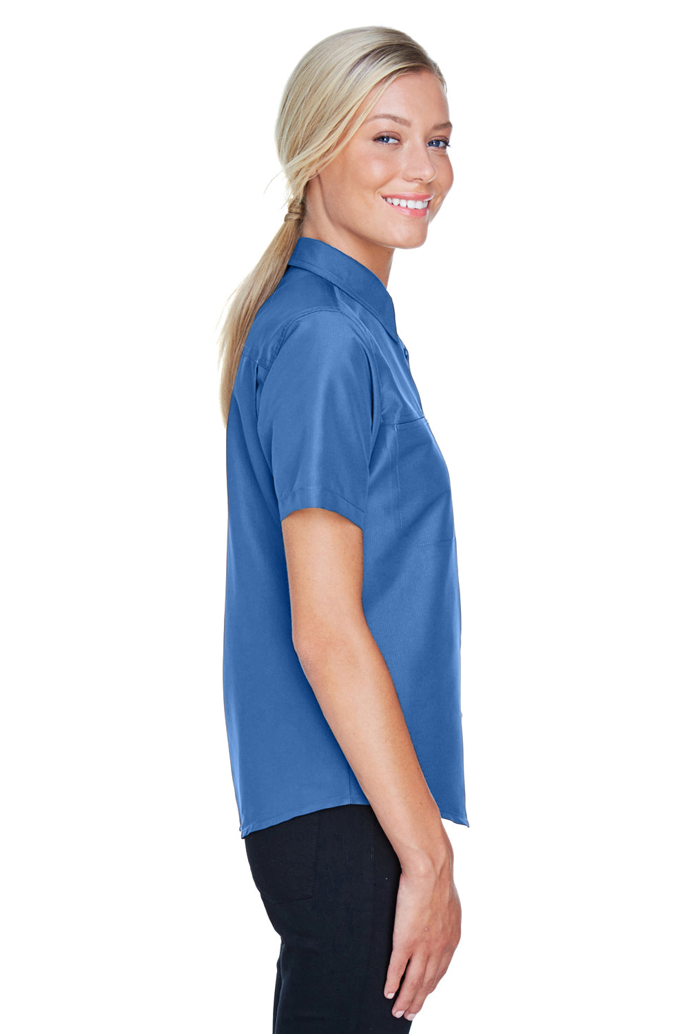 Harriton M580W Womens Key West Performance Short Sleeve Button Down Shirt w/ Double Pockets Pool Blue Model Side