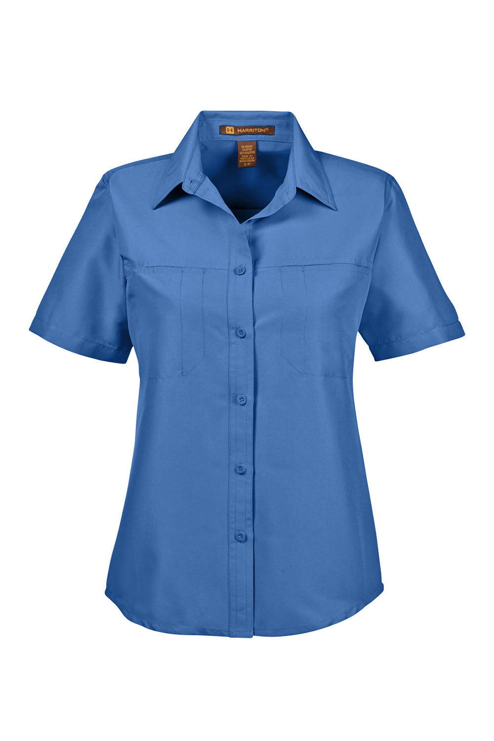 Harriton M580W Womens Key West Performance Short Sleeve Button Down Shirt w/ Double Pockets Pool Blue Flat Front