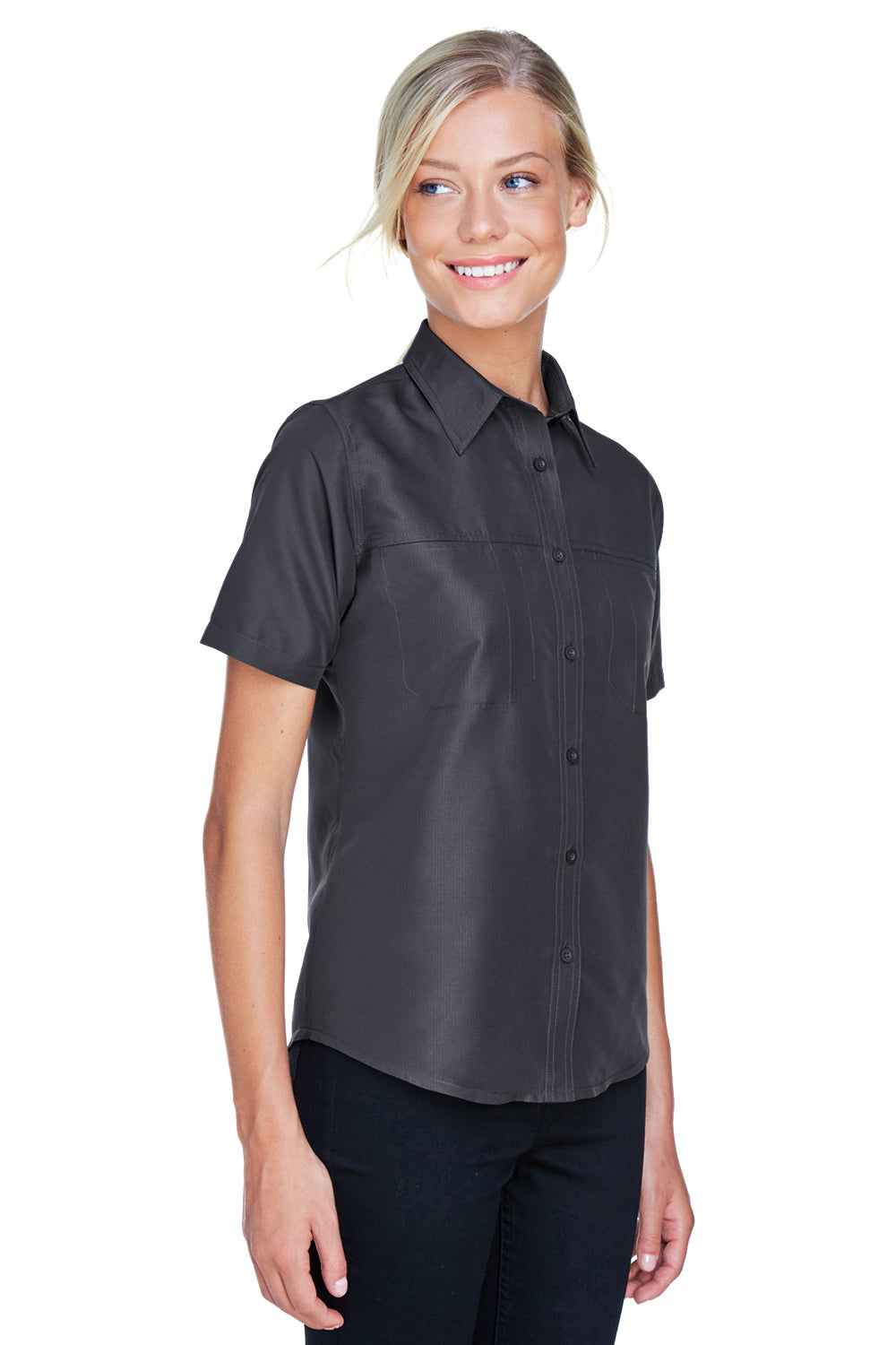 Harriton M580W Womens Key West Performance Short Sleeve Button Down Shirt w/ Double Pockets Dark Charcoal Grey Model 3q