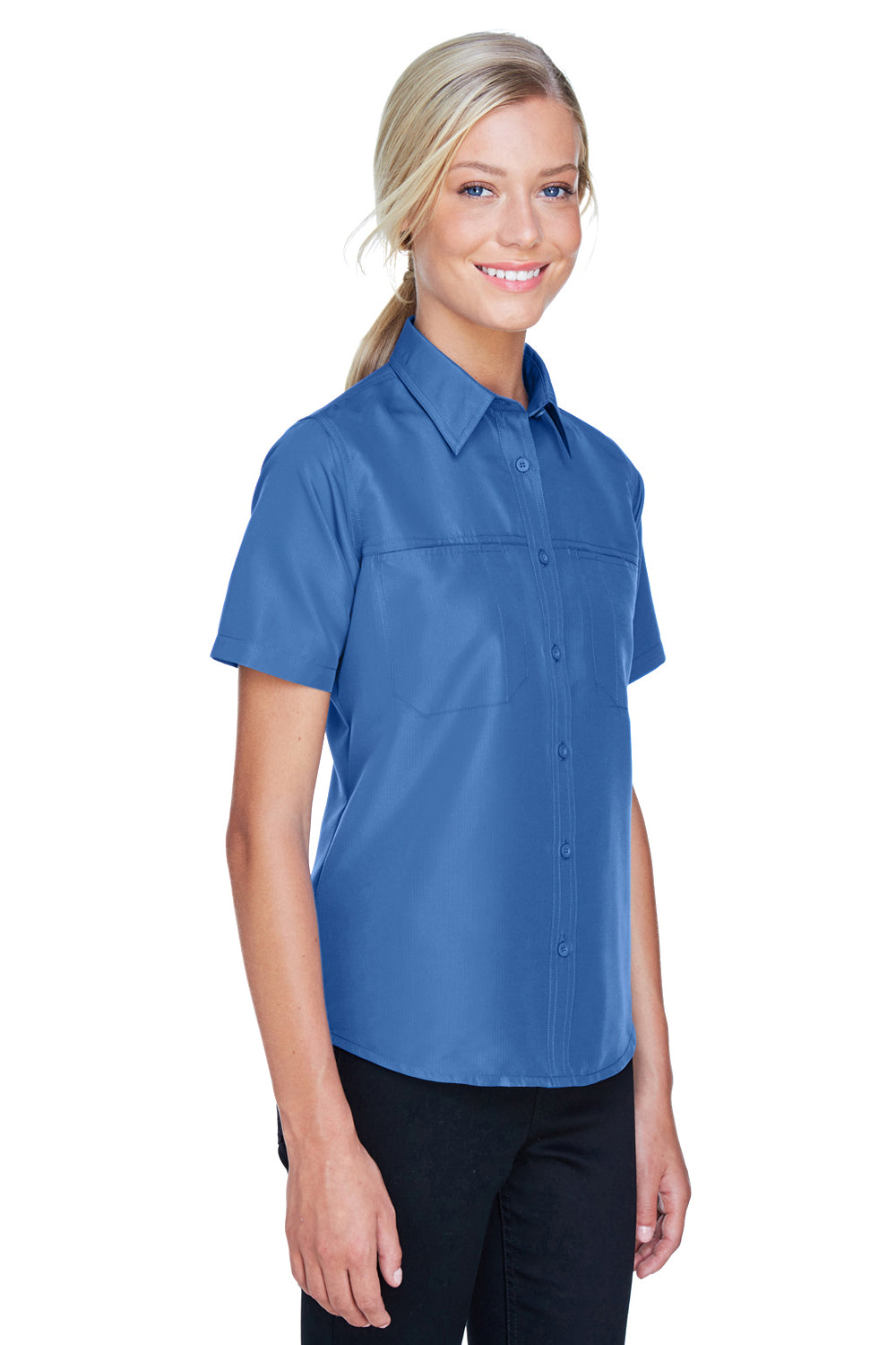 Harriton M580W Womens Key West Performance Short Sleeve Button Down Shirt w/ Double Pockets Pool Blue Model 3q