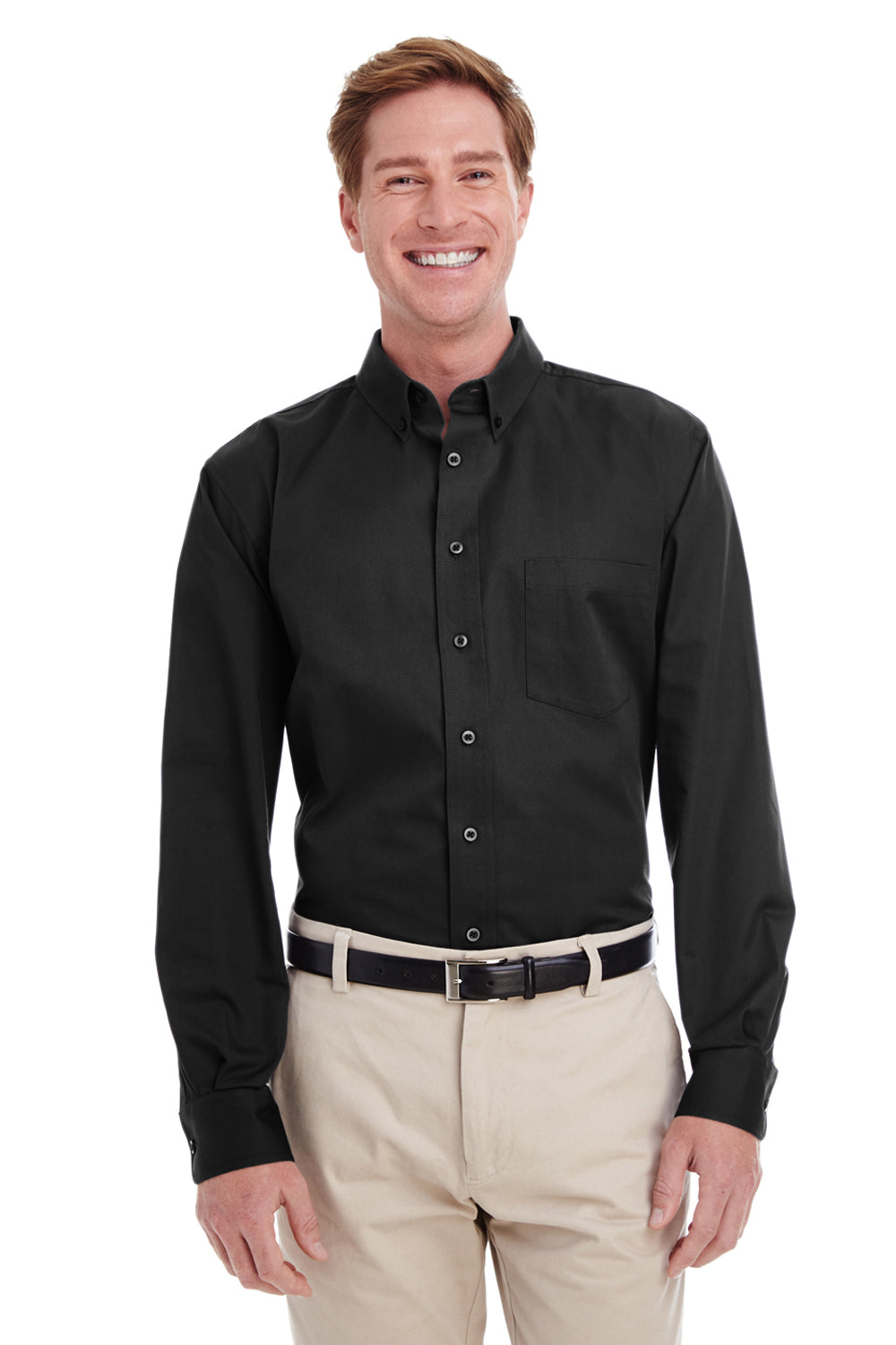 Harriton M581/M581T Mens Foundation Stain Resistant Long Sleeve Button Down Shirt w/ Pocket Black Model Front