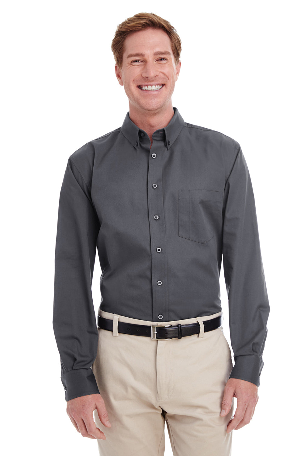 Harriton M581/M581T Mens Foundation Stain Resistant Long Sleeve Button Down Shirt w/ Pocket Dark Charcoal Grey Model Front