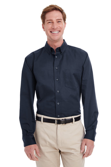 Harriton M581/M581T Mens Foundation Stain Resistant Long Sleeve Button Down Shirt w/ Pocket Dark Navy Blue Model Front