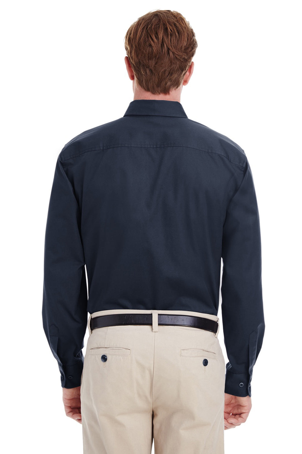 Harriton M581/M581T Mens Foundation Stain Resistant Long Sleeve Button Down Shirt w/ Pocket Dark Navy Blue Model Back