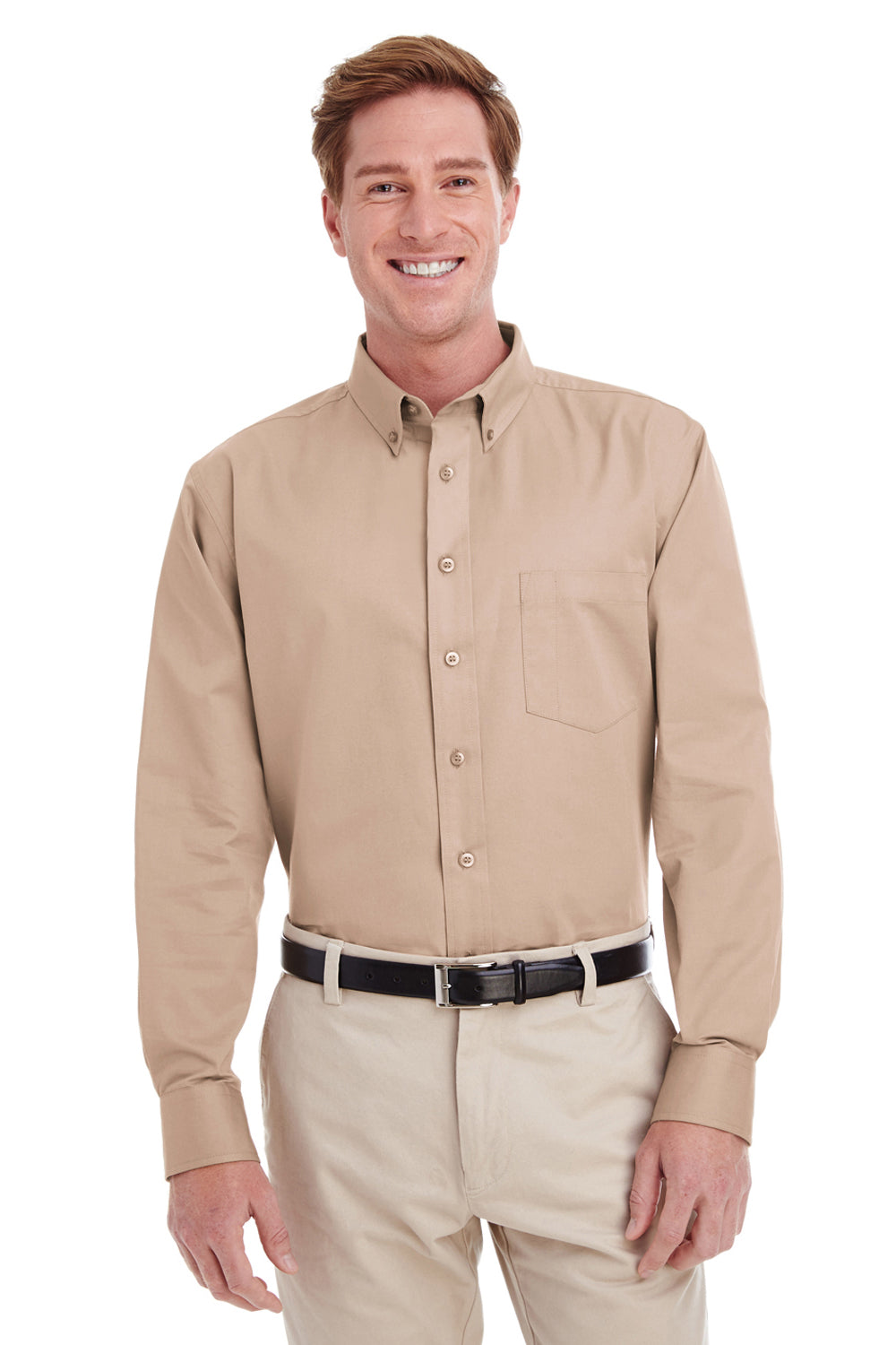 Harriton M581/M581T Mens Foundation Stain Resistant Long Sleeve Button Down Shirt w/ Pocket Khaki Model Front