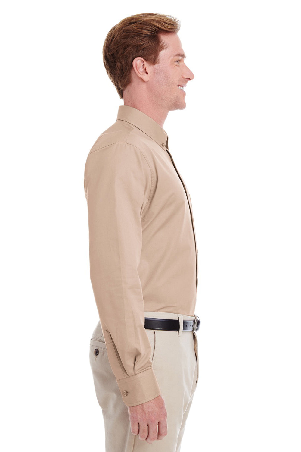 Harriton M581/M581T Mens Foundation Stain Resistant Long Sleeve Button Down Shirt w/ Pocket Khaki Model Side