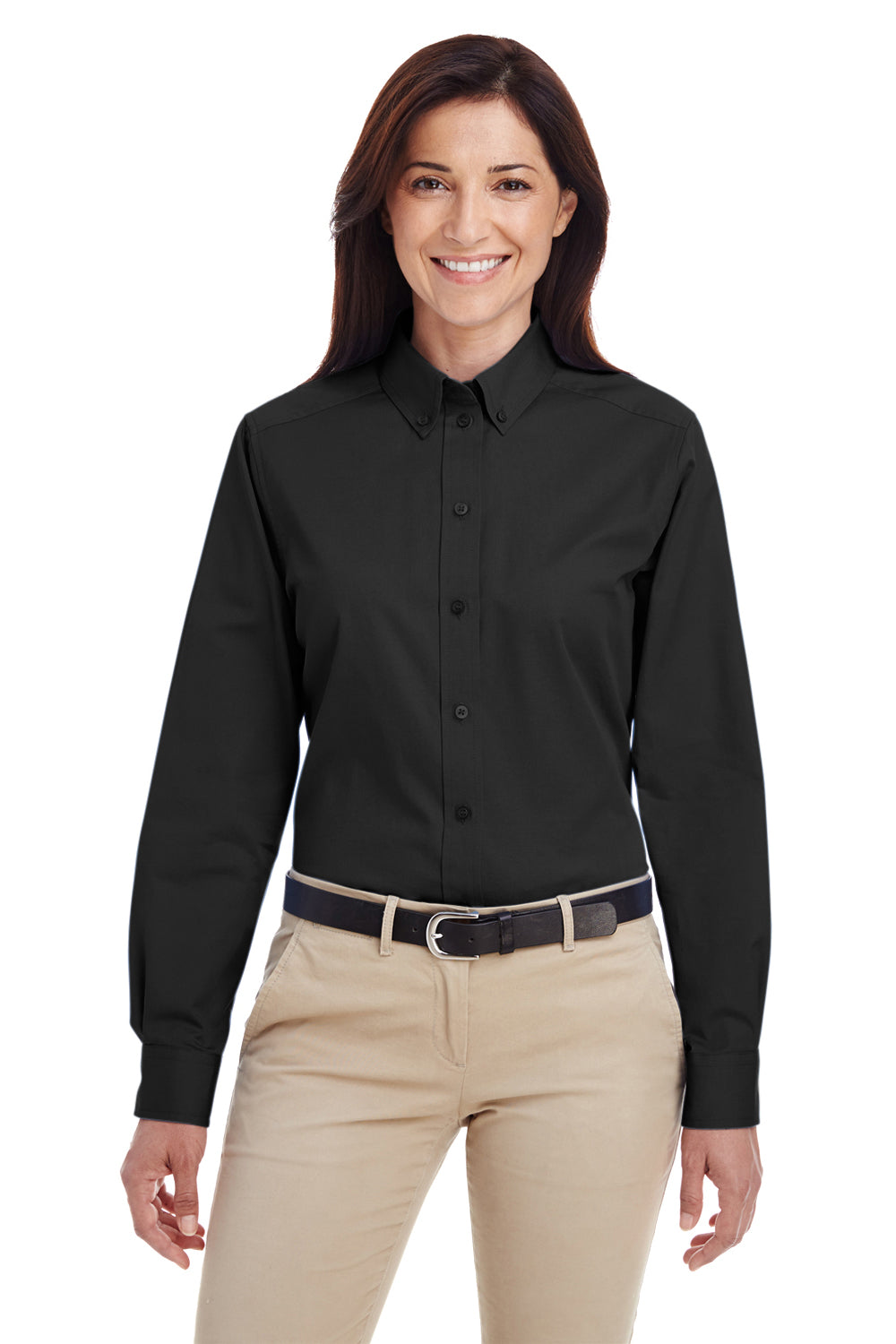 Harriton M581W Womens Foundation Stain Resistant Long Sleeve Button Down Shirt Black Model Front