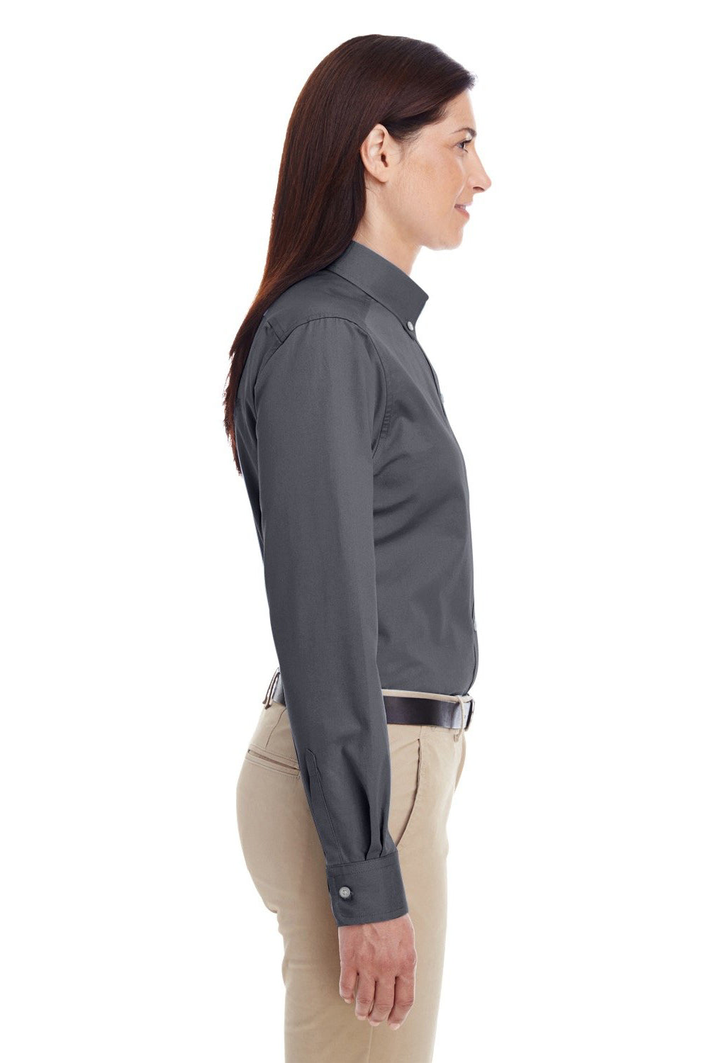 Harriton M581W Womens Foundation Stain Resistant Long Sleeve Button Down Shirt Dark Charcoal Grey Model Side