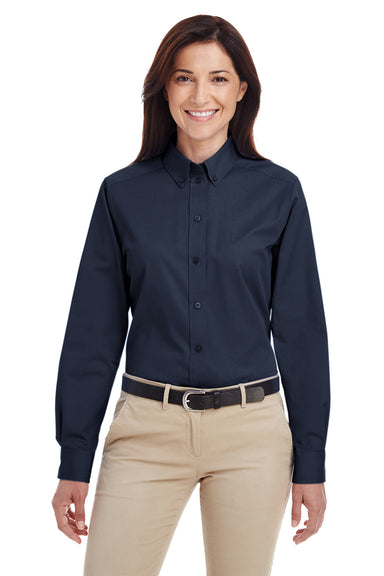 Harriton M581W Womens Foundation Stain Resistant Long Sleeve Button Down Shirt Dark Navy Blue Model Front