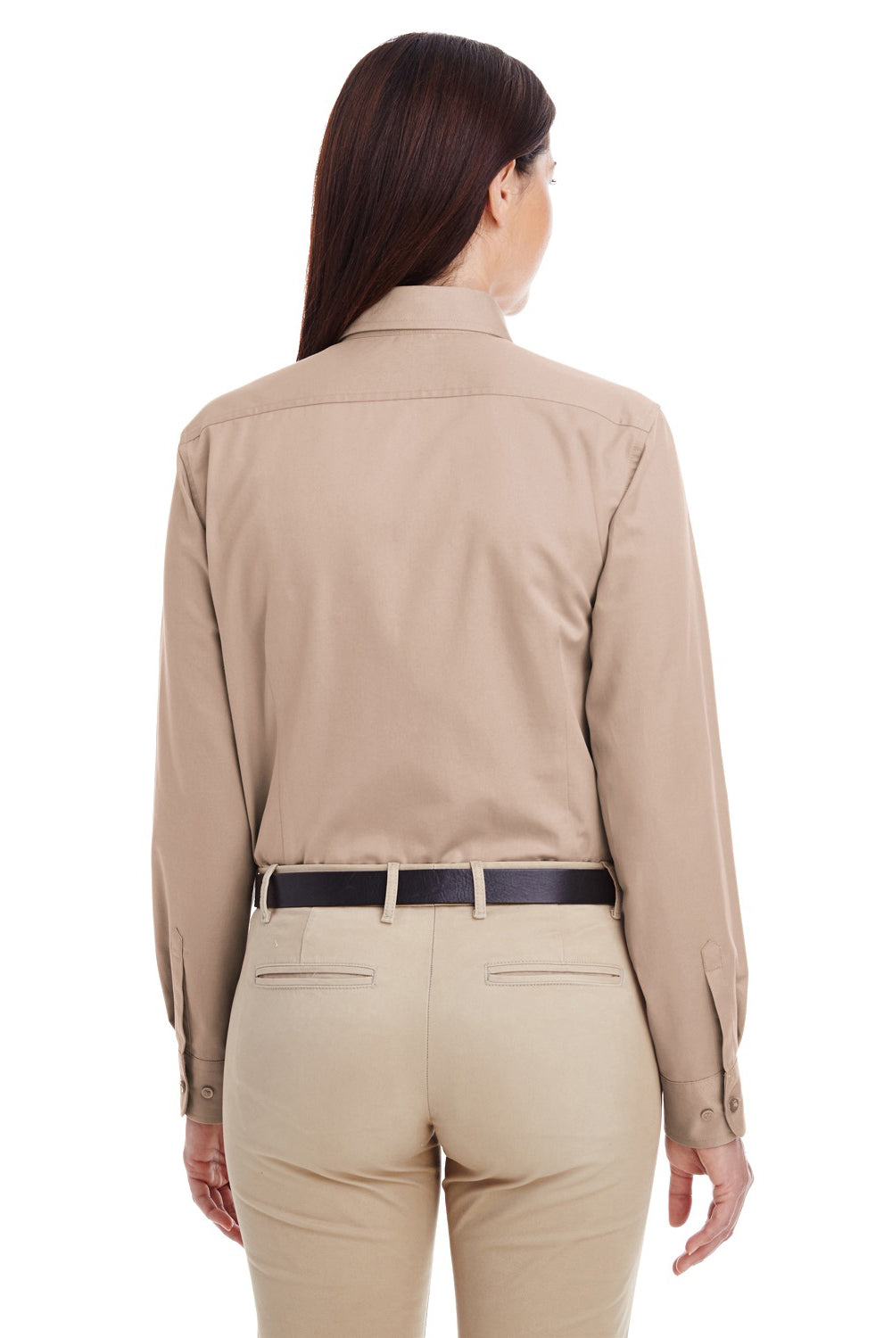 Harriton M581W Womens Foundation Stain Resistant Long Sleeve Button Down Shirt Khaki Model Back