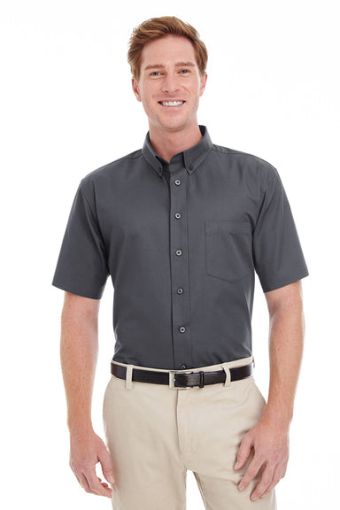 Harriton M582 Mens Foundation Stain Resistant Short Sleeve Button Down Shirt w/ Pocket Dark Charcoal Grey Model Front