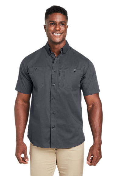 Harriton M585 Mens Advantage Wrinkle Resistant Short Sleeve Button Down Shirt w/ Double Pockets Dark Charcoal Grey Model Front