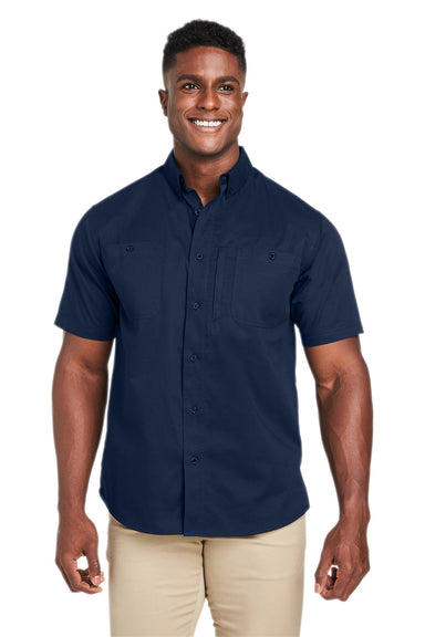 Harriton M585 Mens Advantage Wrinkle Resistant Short Sleeve Button Down Shirt w/ Double Pockets Dark Navy Blue Model Front