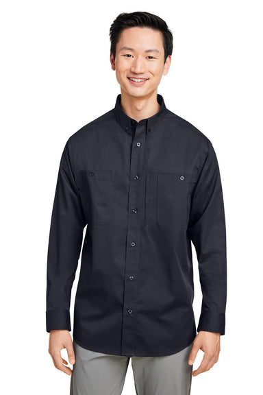 Harriton M585L Mens Advantage Wrinkle Resistant Long Sleeve Button Down Shirt w/ Double Pockets Black Model Front