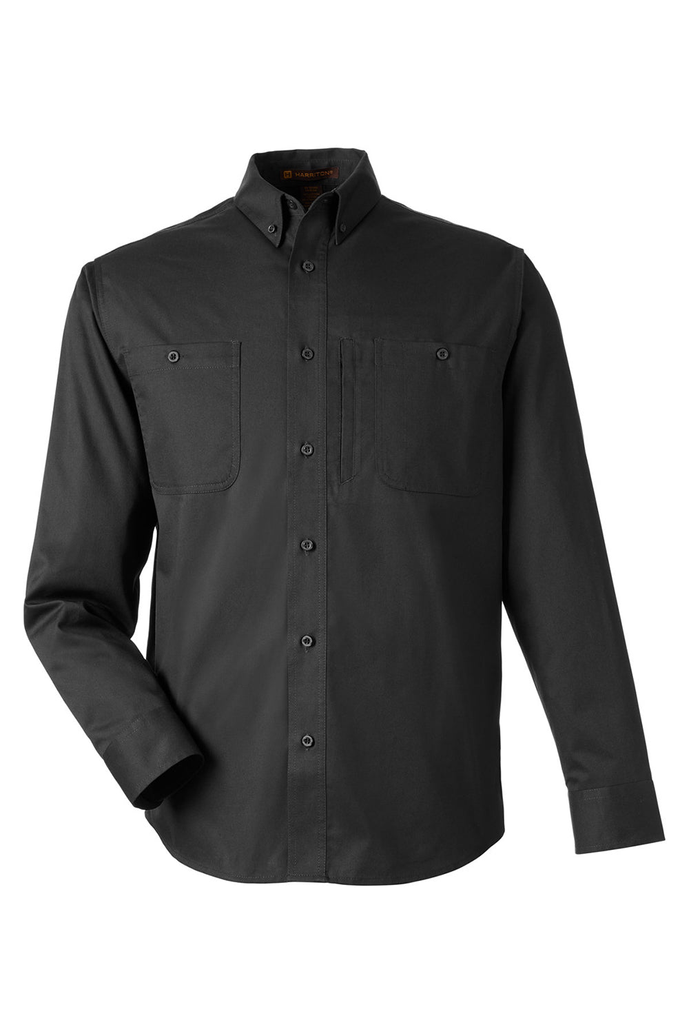 Harriton M585L Mens Advantage Wrinkle Resistant Long Sleeve Button Down Shirt w/ Double Pockets Black Flat Front