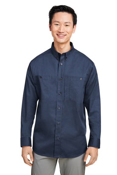 Harriton M585L Mens Advantage Wrinkle Resistant Long Sleeve Button Down Shirt w/ Double Pockets Dark Navy Blue Model Front