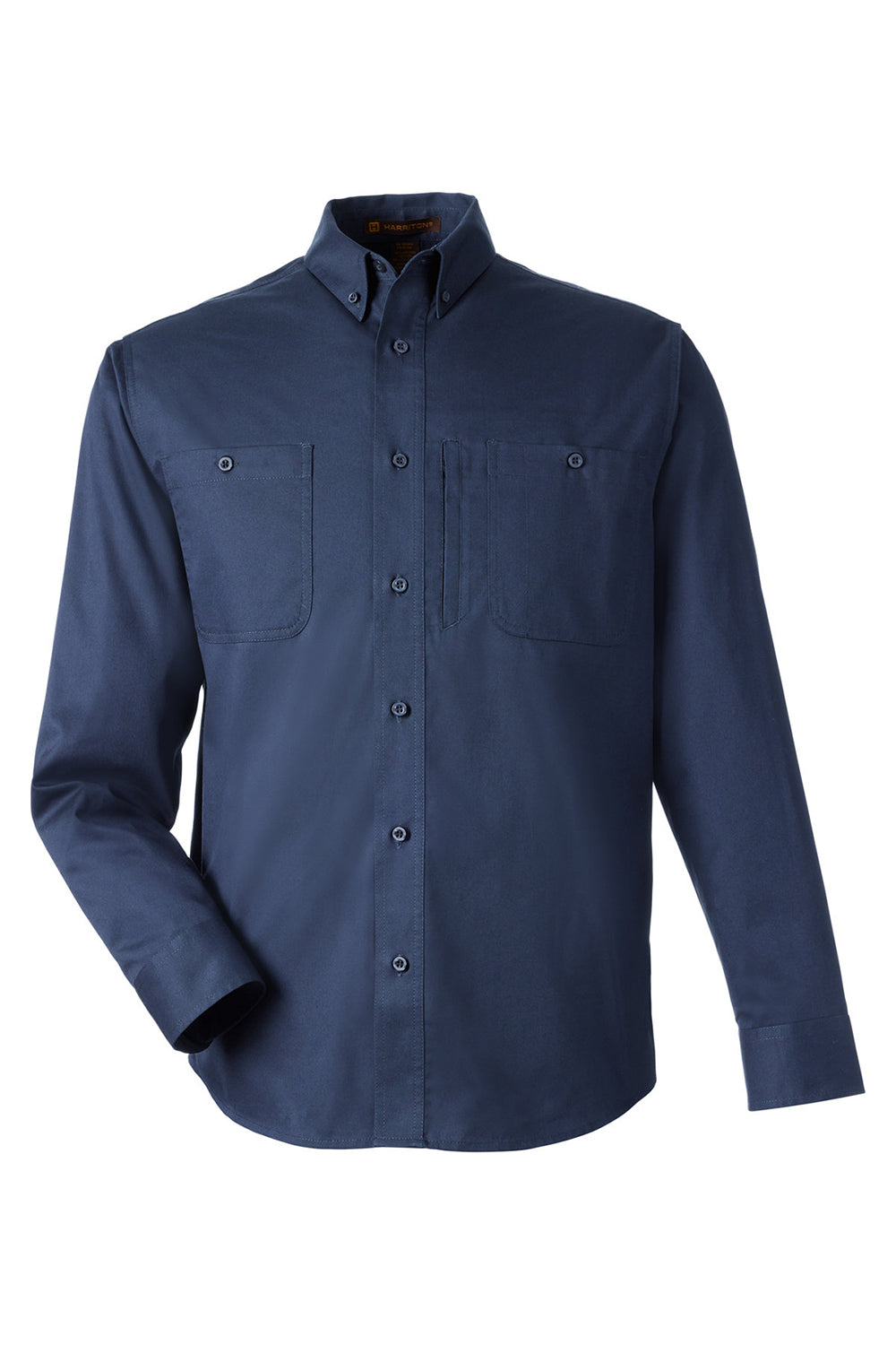 Harriton M585L Mens Advantage Wrinkle Resistant Long Sleeve Button Down Shirt w/ Double Pockets Dark Navy Blue Flat Front