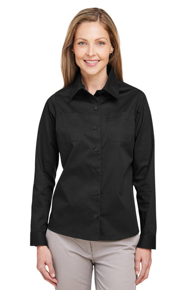 Harriton M585LW Womens Advantage Wrinkle Resistant Long Sleeve Button Down Shirt w/ Double Pockets Black Model Front