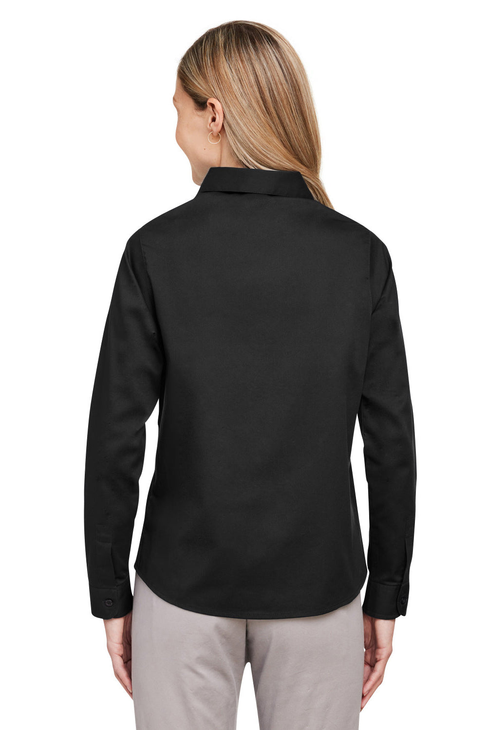 Harriton M585LW Womens Advantage Wrinkle Resistant Long Sleeve Button Down Shirt w/ Double Pockets Black Model Back