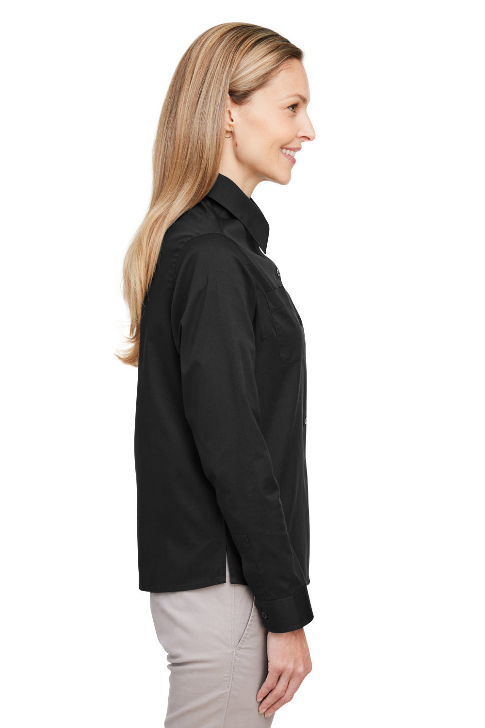 Harriton M585LW Womens Advantage Wrinkle Resistant Long Sleeve Button Down Shirt w/ Double Pockets Black Model Side