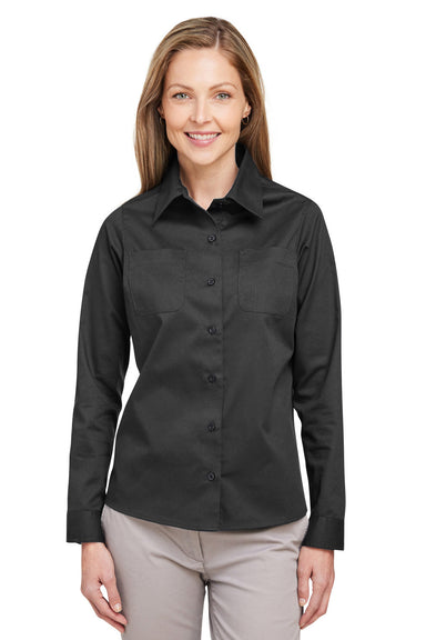 Harriton M585LW Womens Advantage Wrinkle Resistant Long Sleeve Button Down Shirt w/ Double Pockets Dark Charcoal Grey Model Front