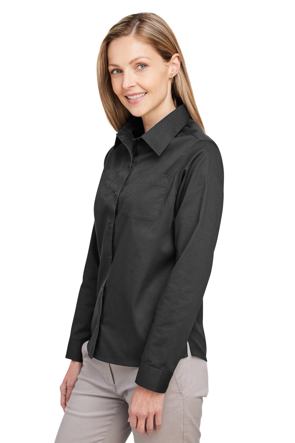 Harriton M585LW Womens Advantage Wrinkle Resistant Long Sleeve Button Down Shirt w/ Double Pockets Dark Charcoal Grey Model 3q