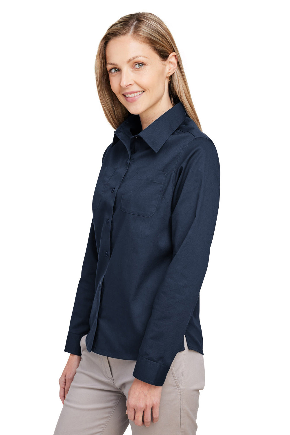 Harriton M585LW Womens Advantage Wrinkle Resistant Long Sleeve Button Down Shirt w/ Double Pockets Dark Navy Blue Model 3q