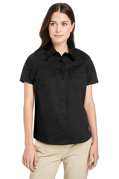 Harriton M585W Womens Advantage Wrinkle Resistant Short Sleeve Button Down Shirt w/ Double Pockets Black Model Front