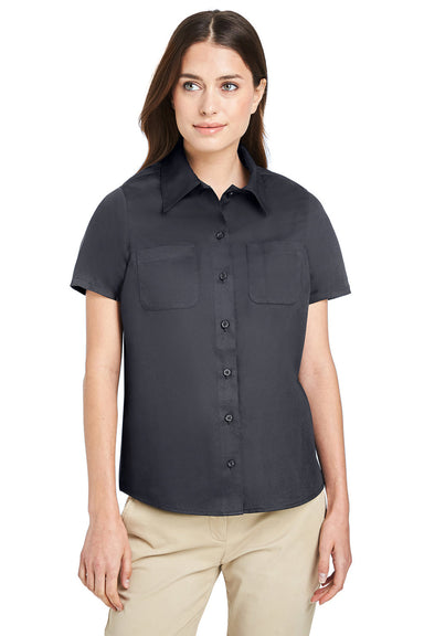 Harriton M585W Womens Advantage Wrinkle Resistant Short Sleeve Button Down Shirt w/ Double Pockets Dark Charcoal Grey Model Front