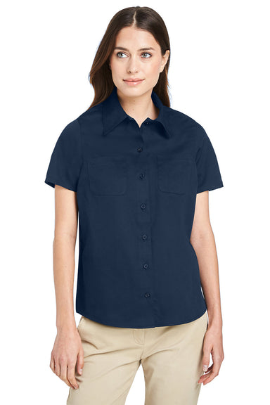 Harriton M585W Womens Advantage Wrinkle Resistant Short Sleeve Button Down Shirt w/ Double Pockets Dark Navy Blue Model Front