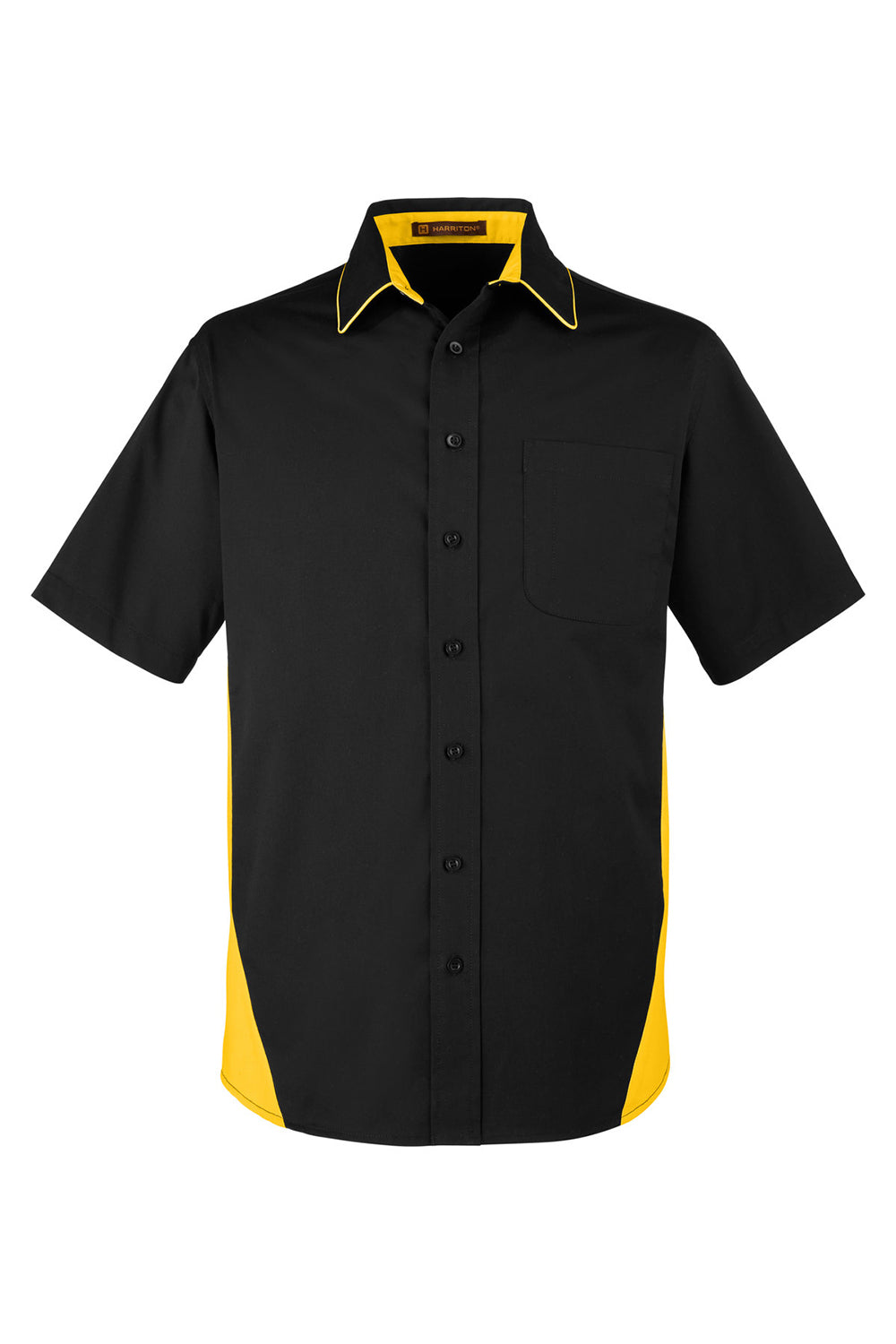 Harriton M586/M586T Mens Flash Colorblock Wrinkle Resistant Short Sleeve Button Down Shirt w/ Pocket Black/Sunray Yellow Flat Front