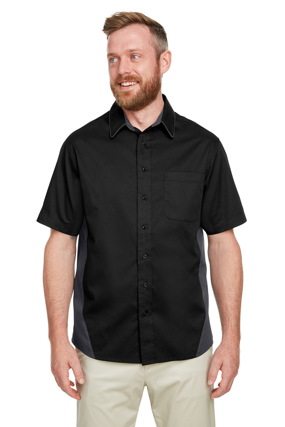 Harriton M586/M586T Mens Flash Colorblock Wrinkle Resistant Short Sleeve Button Down Shirt w/ Pocket Black/Dark Charcoal Grey Model Front