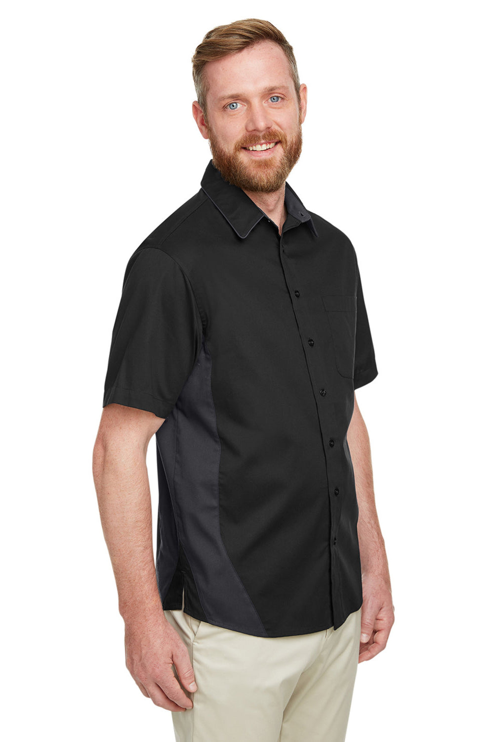 Harriton M586/M586T Mens Flash Colorblock Wrinkle Resistant Short Sleeve Button Down Shirt w/ Pocket Black/Dark Charcoal Grey Model 3q