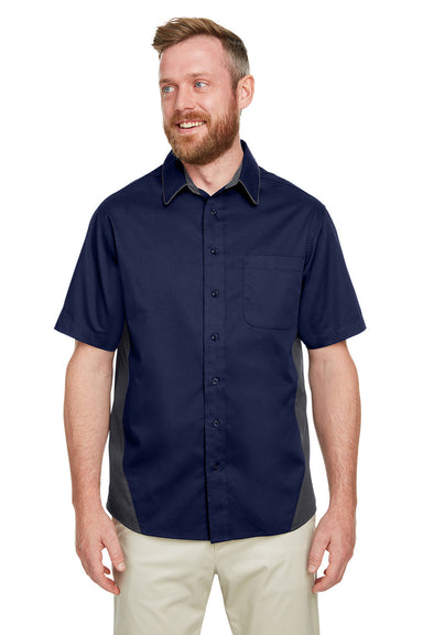 Harriton M586/M586T Mens Flash Colorblock Wrinkle Resistant Short Sleeve Button Down Shirt w/ Pocket Dark Navy Blue/Dark Charcoal Grey Model Front