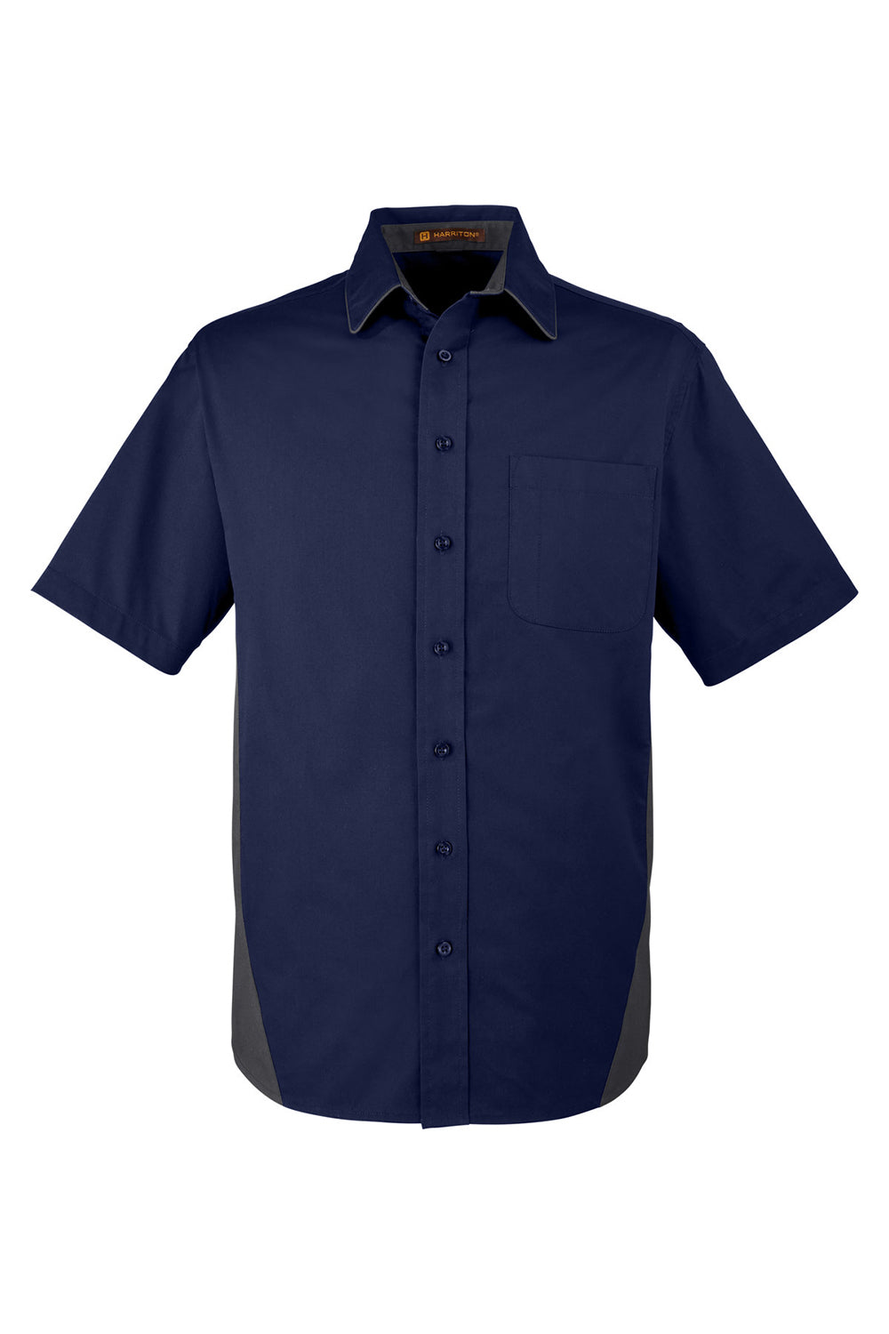 Harriton M586/M586T Mens Flash Colorblock Wrinkle Resistant Short Sleeve Button Down Shirt w/ Pocket Dark Navy Blue/Dark Charcoal Grey Flat Front