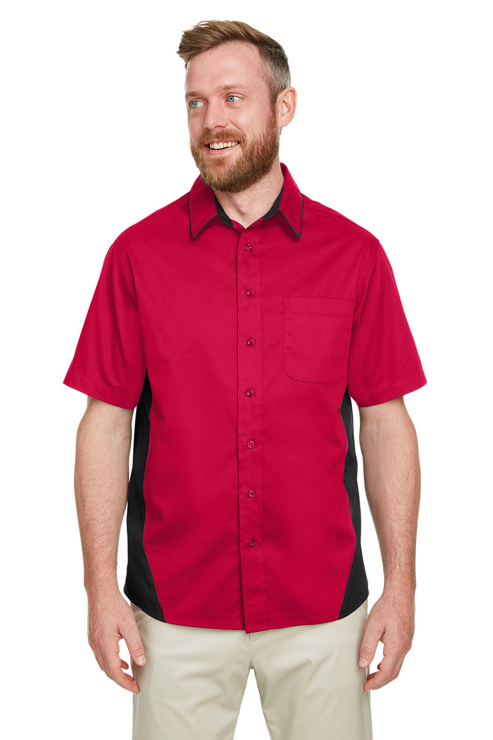 Harriton M586/M586T Mens Flash Colorblock Wrinkle Resistant Short Sleeve Button Down Shirt w/ Pocket Red/Black Model Front