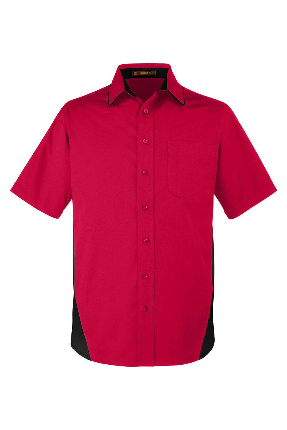 Harriton M586/M586T Mens Flash Colorblock Wrinkle Resistant Short Sleeve Button Down Shirt w/ Pocket Red/Black Flat Front