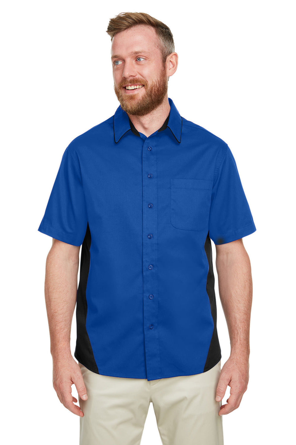 Harriton M586/M586T Mens Flash Colorblock Wrinkle Resistant Short Sleeve Button Down Shirt w/ Pocket True Royal Blue/Black Model Front