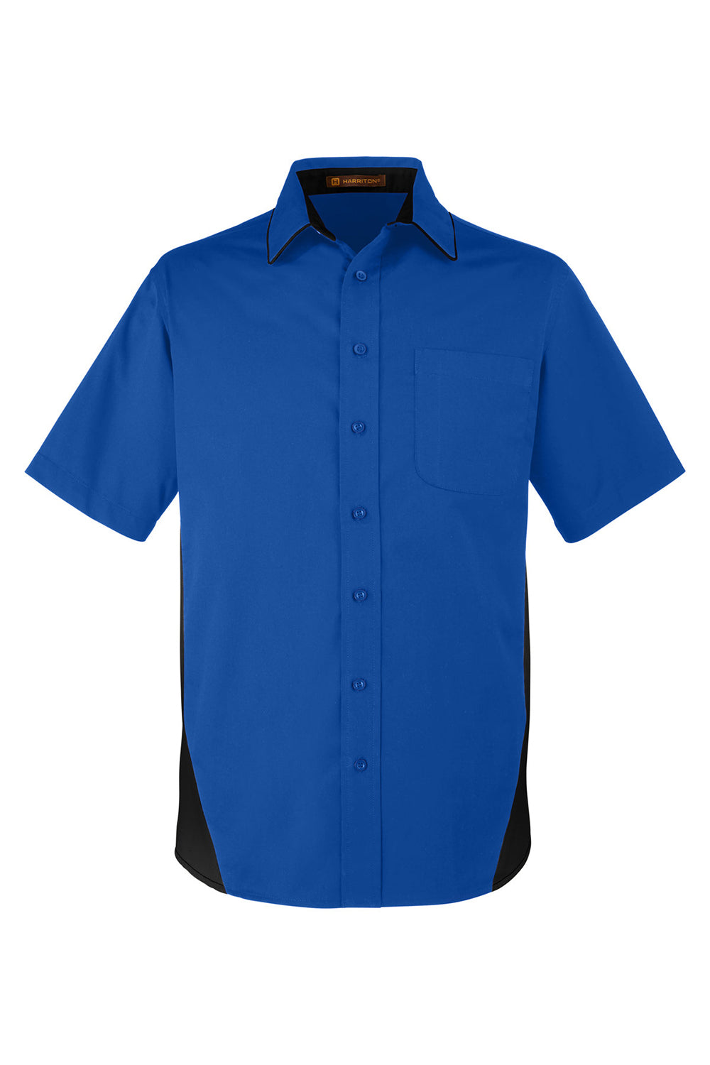 Harriton M586/M586T Mens Flash Colorblock Wrinkle Resistant Short Sleeve Button Down Shirt w/ Pocket True Royal Blue/Black Flat Front